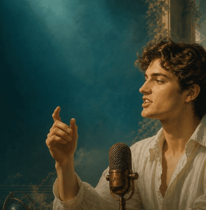 A painted figure speaking into a brass microphone against a deep teal wall